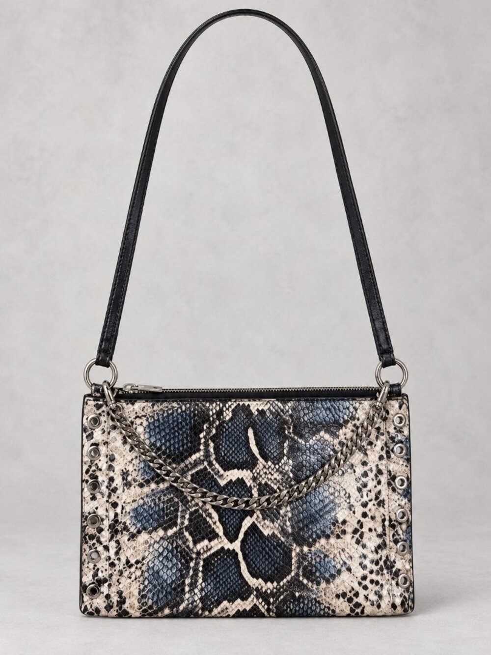 Zara Black Cream Snake Print Chain Grommet Zip Top Crossbody Bag OS